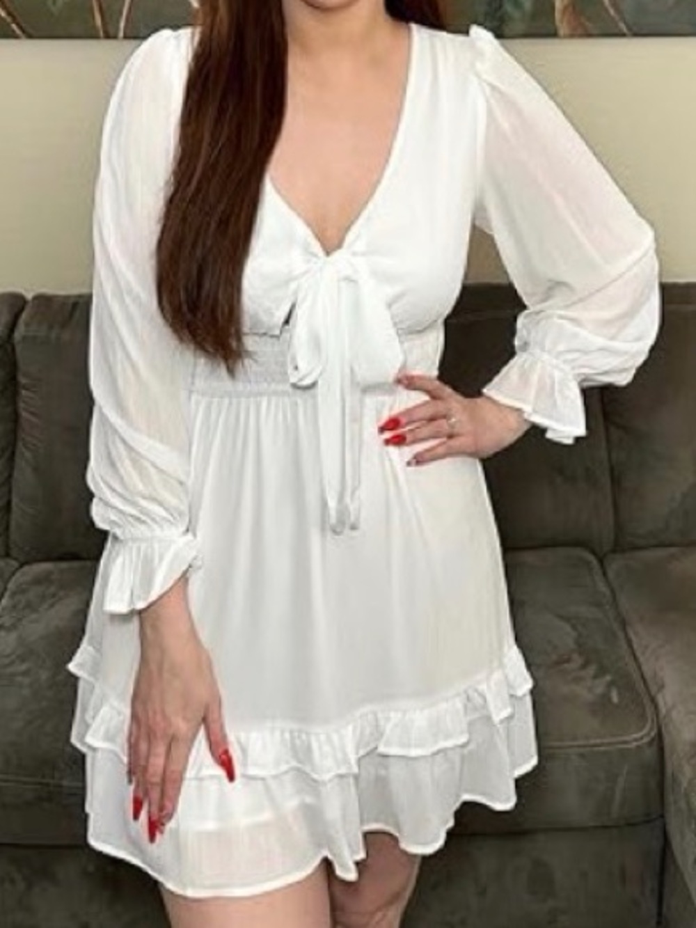 White Long-Sleeve Tie-Front Ruffle Mini Dress | Size Small